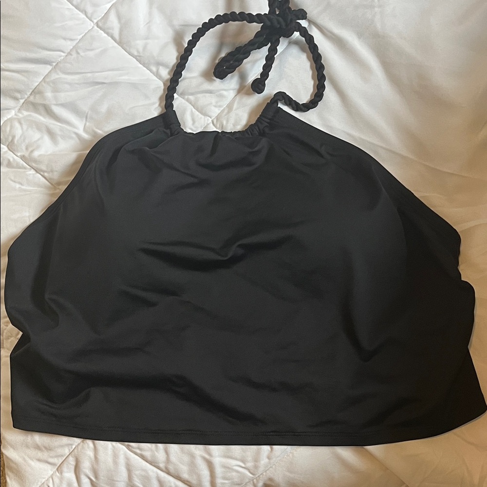 Lands' End Black High-Neck Halter Bikini Top with Braided Ties